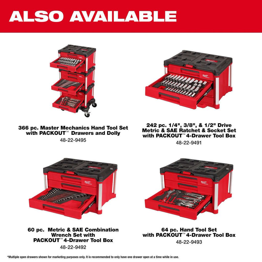 242pc. 1/4”, 3/8”, & 1/2” Drive Metric & SAE Ratchet & Socket Set with PACKOUT™ 4-Drawer Tool Box