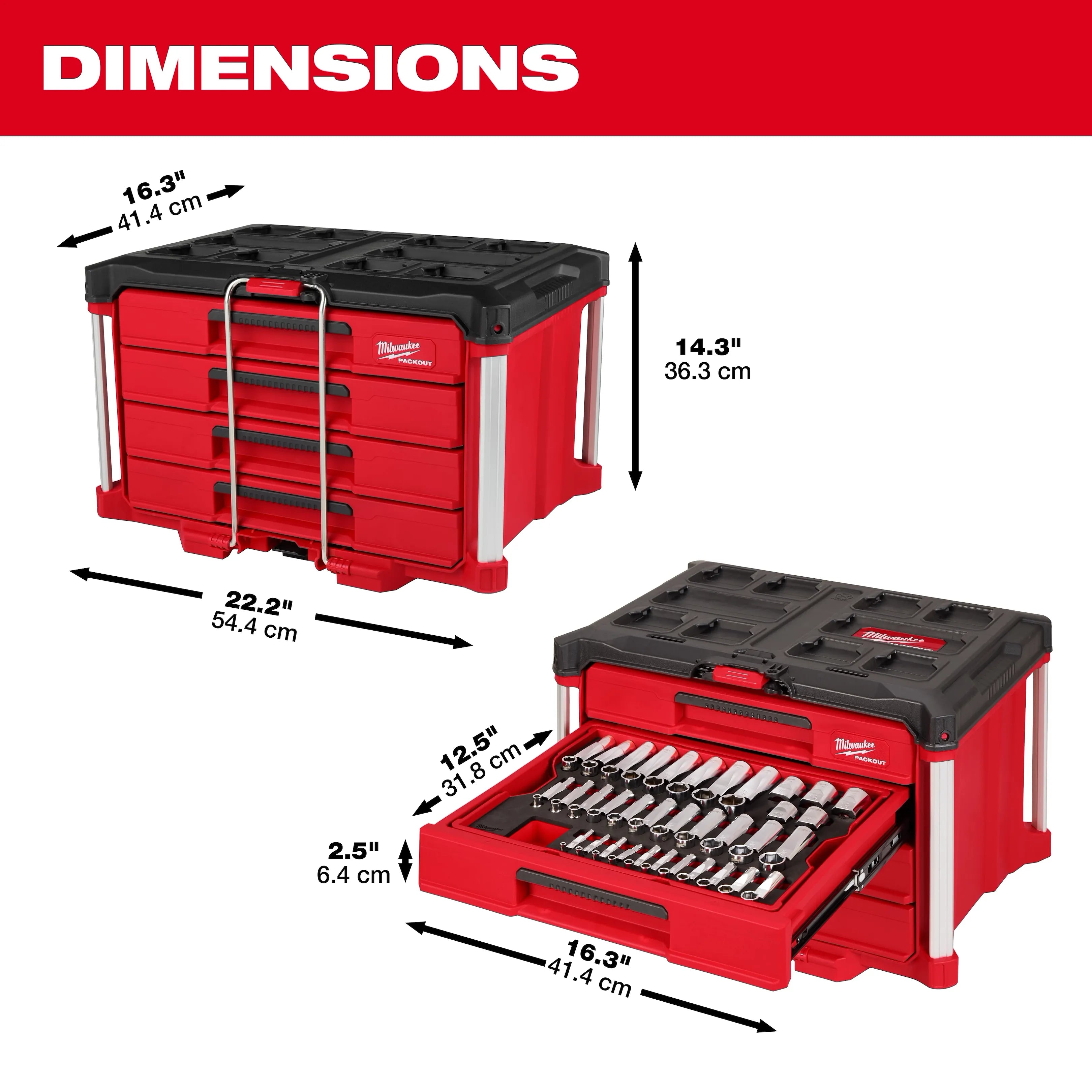 242pc. 1/4”, 3/8”, & 1/2” Drive Metric & SAE Ratchet & Socket Set with PACKOUT™ 4-Drawer Tool Box